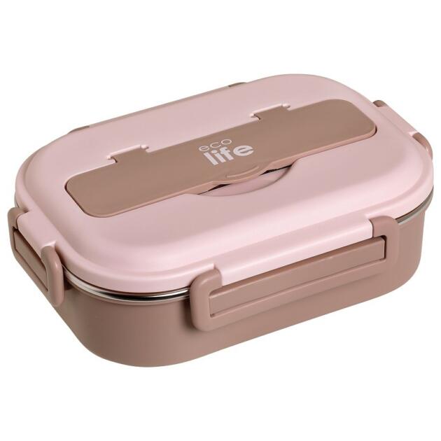 Ecolife - Φαγητοδοχείο 3 Θέσεων Ροζ 1lt Πλαστικό/Ανοξείδωτο με Κουτάλι & Πιρούνι
