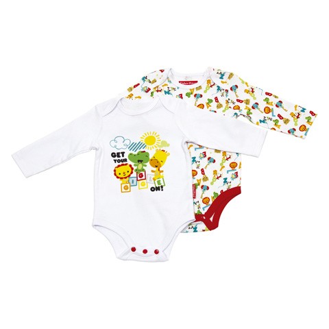 Fisher Price - Σετ 2 βρεφικά κορμάκια βαμβακερά μακρυμάνικα ζωάκια γράμματα