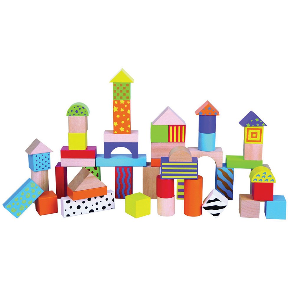 Viga - Ξύλινα τουβλάκια σετ 50τμχ. 3 εκ. με πολύχρωμες εκτυπώσεις σε κουβαδάκι