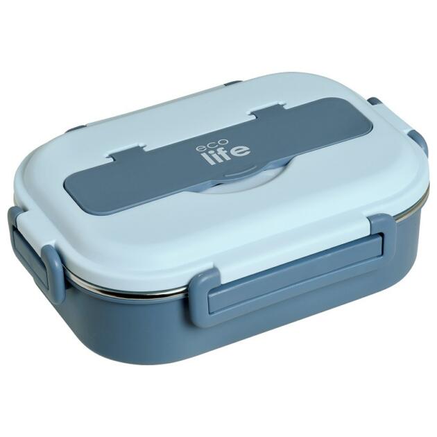 Ecolife - Φαγητοδοχείο 3 Θέσεων Γαλάζιο 1lt Πλαστικό/Ανοξείδωτο με Κουτάλι & Πιρούνι